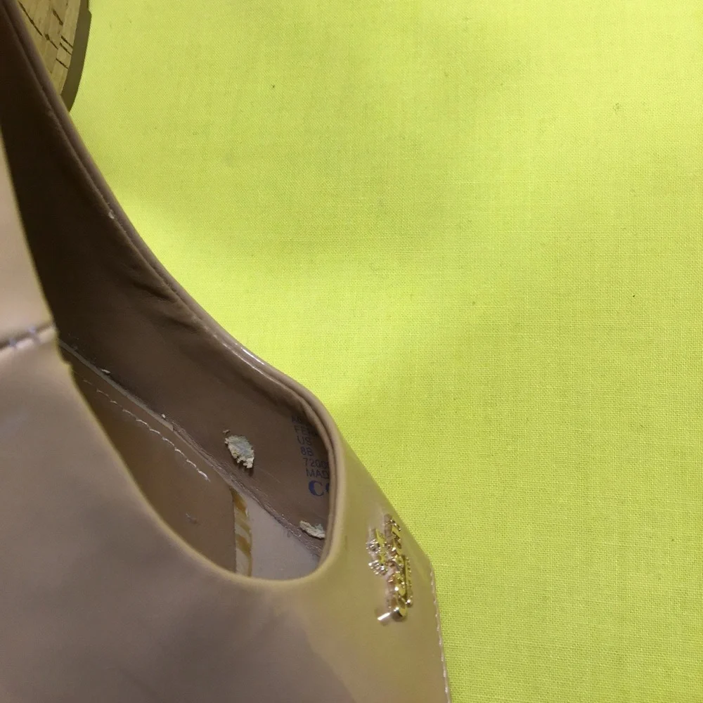 Coach Nude Patent Peep-Toe Wedge Slingbacks